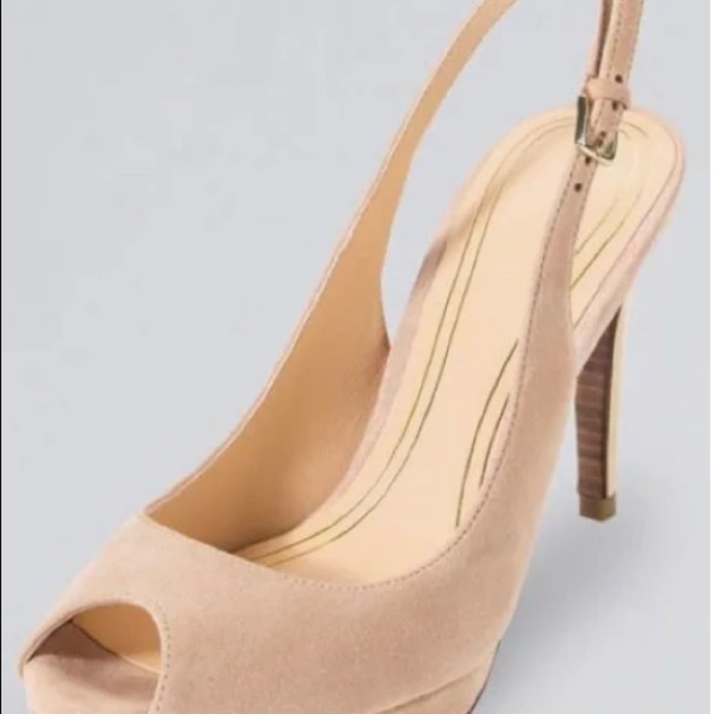 Cole Haan Chelsea slingback stacked heels Sandstone Suedegold heels